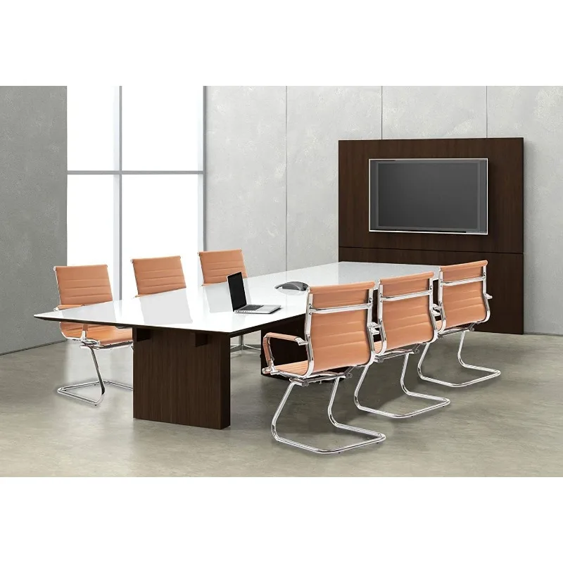 Office Reception Guest Chairs Set of 6 Mid Back PU Leather Metal Leg Sled Base Conference Reception Room