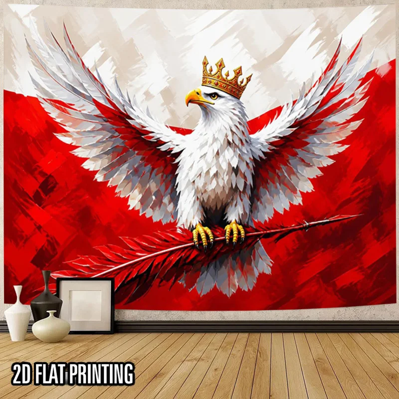 Polish Eagle Tapestry, Red White Crowned Eagle Wall Hanging, Poland Flag Art Decor, Patriotic Living Room Bedroom Background