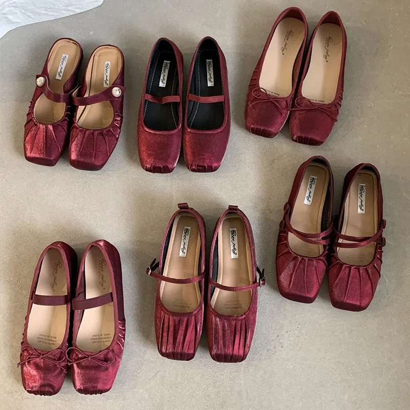 

2024 Ballet Red Footwear Mary Janes Silk Women Flats With Shoes Female Soft Fashion Buckle Shallow Ladies Lolita Dance Shoes