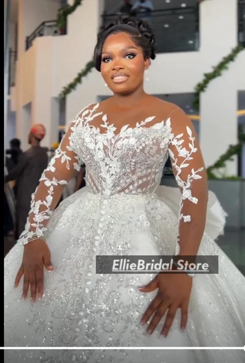 African Ball Gown Wedding Dresses For Brides Sheer Neck Lace Bridal Gowns Long Sleeve Beading Vestido De Noiva 2025 Customized image 3