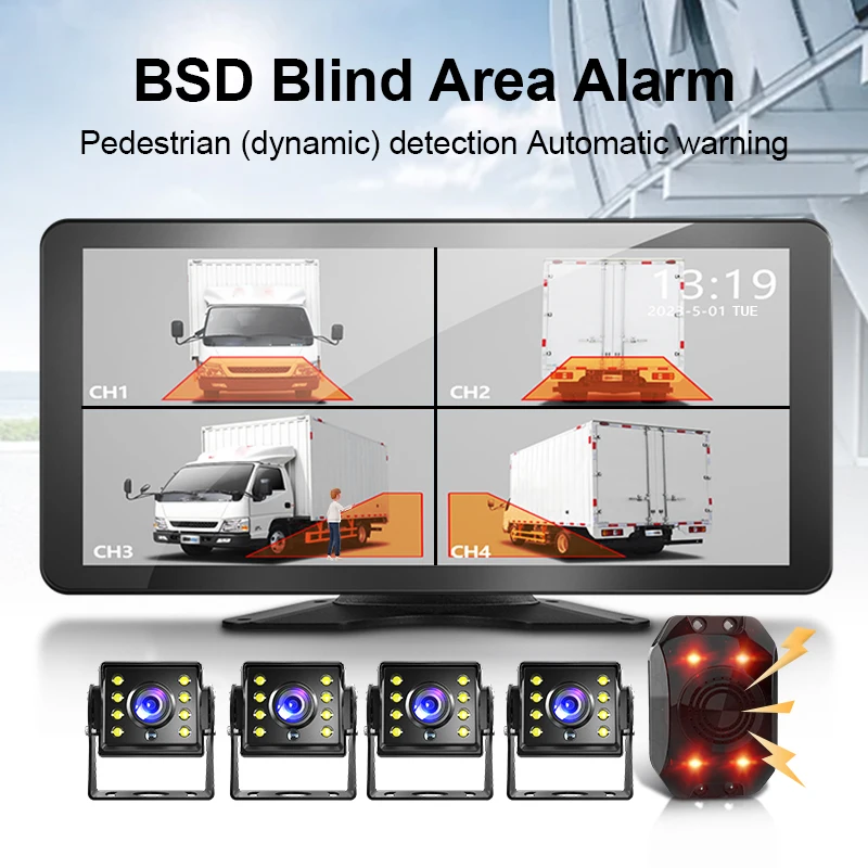 10.36 Inch BSD Blind Spot Alarm Touchscreen Wireless Carplay Android Auto DVR MP5 Car Trailer Backup Camera