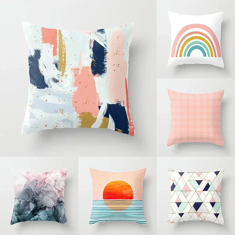 45 45cm Home Decoration Abstract Geometric Sunset Rainbow Pink Pillowcase Bed Living Room Sofa Office Seat Cushion Cover