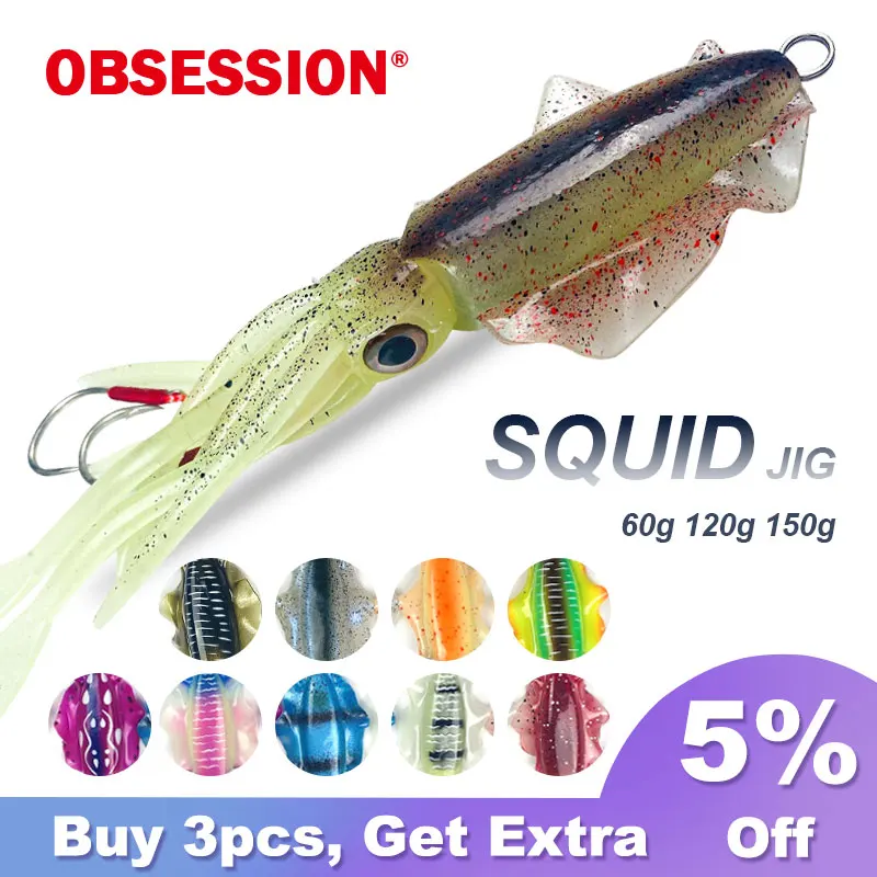 OBSESSION 60g120g150g Silicone Soft Artificial Rubber Luminous UV Squid Jig Fishing Lures For Sea Fishing Trolling Wobbler Bait