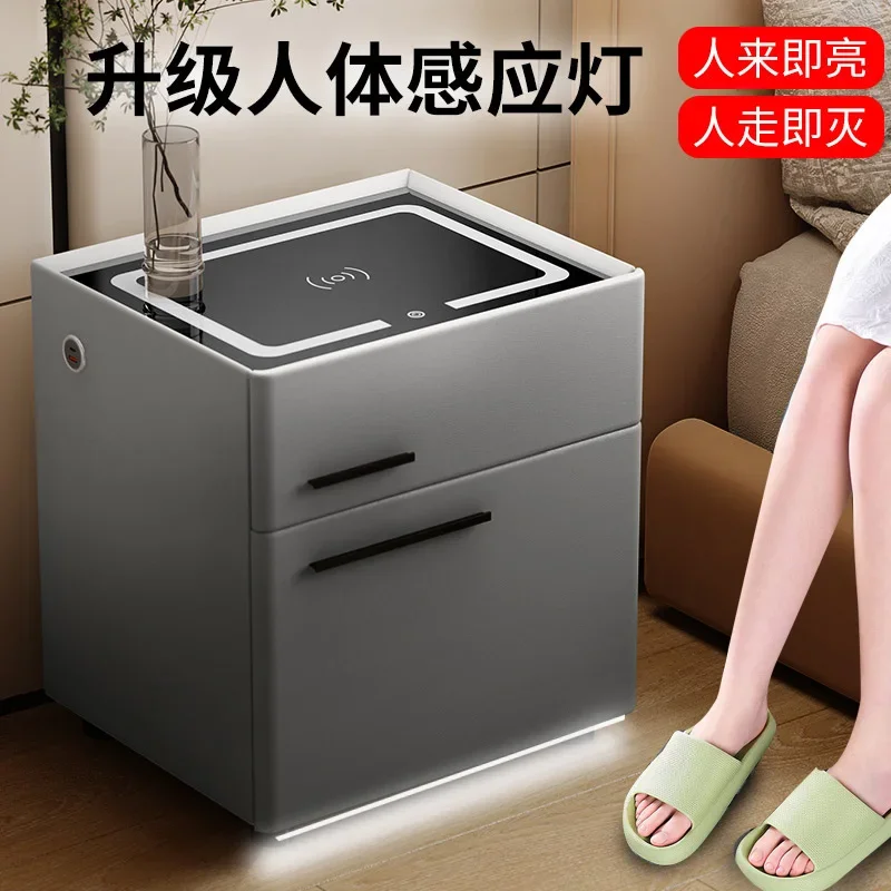 Mesita de noche inteligente, segura, integrada, sencilla, moderna, con carga inalámbrica, cerradura de huella digital, mesita de noche de madera maciza para dormitorio