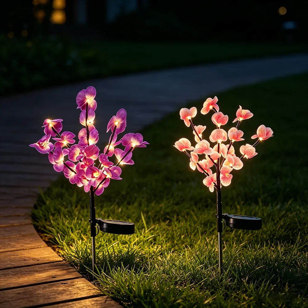 1pc Solar Artificial Flower Lights, Solar Phalaenopsis Orchid Flowers Garden Lights Solar Decorative Lights Solar Stake Lights