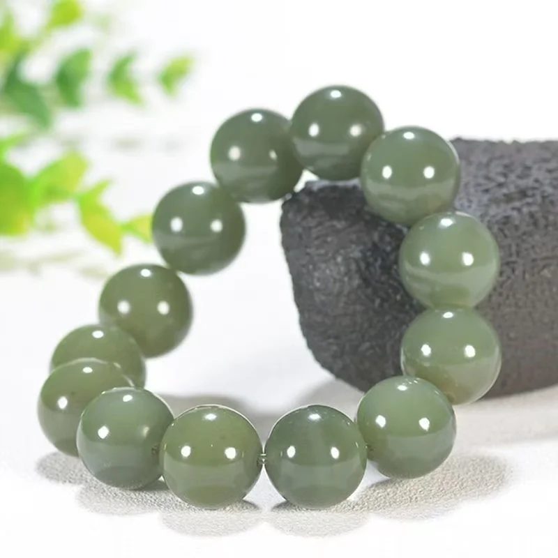 Natural hand-carve Baranglet Xinjiang Hetian Jade Green White Round Beads bracelet jewelry Men Women Luck Gifts