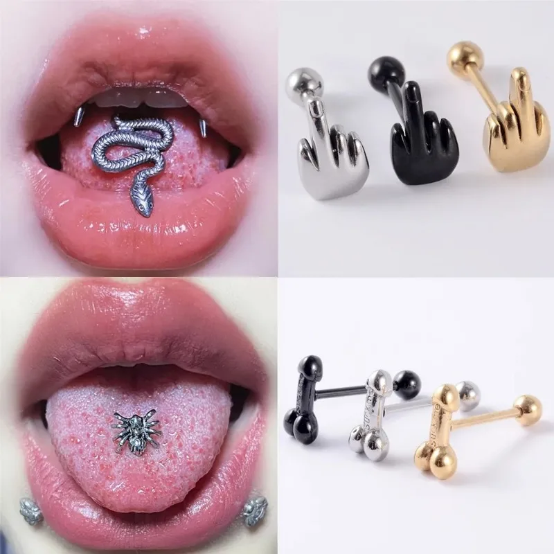 1Pcs Punk Tongue Nails Stainless Steel Anaphylaxis Middle Finger Tongue Earring Despise Tongue Ring Body Piercing Xmas Gift