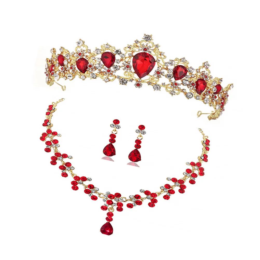 

1Set Stylish Bride Crown Necklace Earring Set Elegant Jewelry Wedding Dress Party Dress Accessories Female Red
