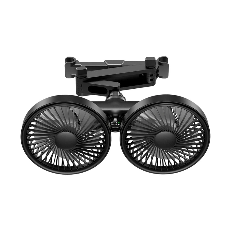 Car Fan For Rear Double Head USB Cooling Fan With Independent Speed Control 3 Speed LED Display 360 Degree Rotation Quiet