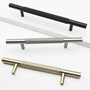 Luxusní vroubkované úchytky pro šatní skříně, černé zlato, stříbro, kartáčované úchytky pro skříňky, hliníkové reliéfní úchytky pro kuchyňské skříňky 10 nejlepší prodej úchytky a knoflíky zásuvek v kartáčované zlaté barvě - №8