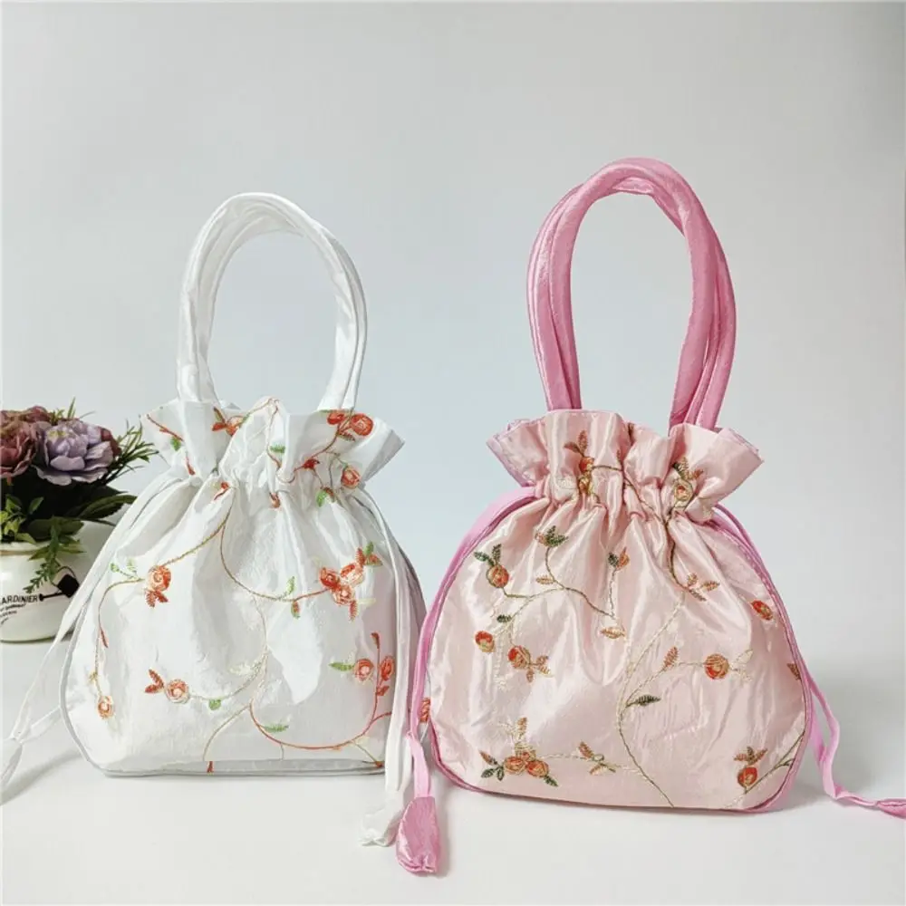 

Elegant Embroidered Flower Women Flower Handbags Handmade Ethnic Style Small Bucket Bag Top Handle Purse Drawstring Bag Women