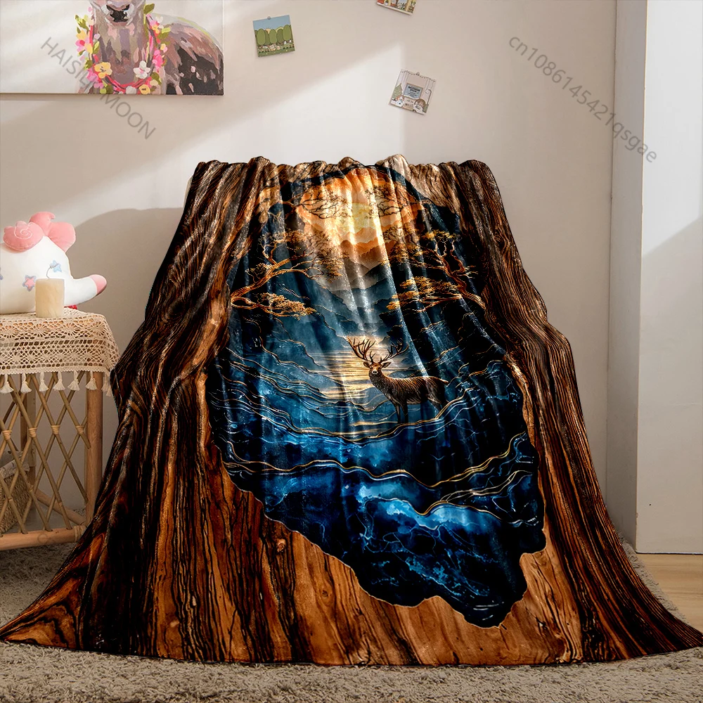 Deer blue river moonlight tree surreal Print Blanket Warm Soft Fluffy Kids and Adult Sofa Bed Throw Outdoor Travel Camping RV