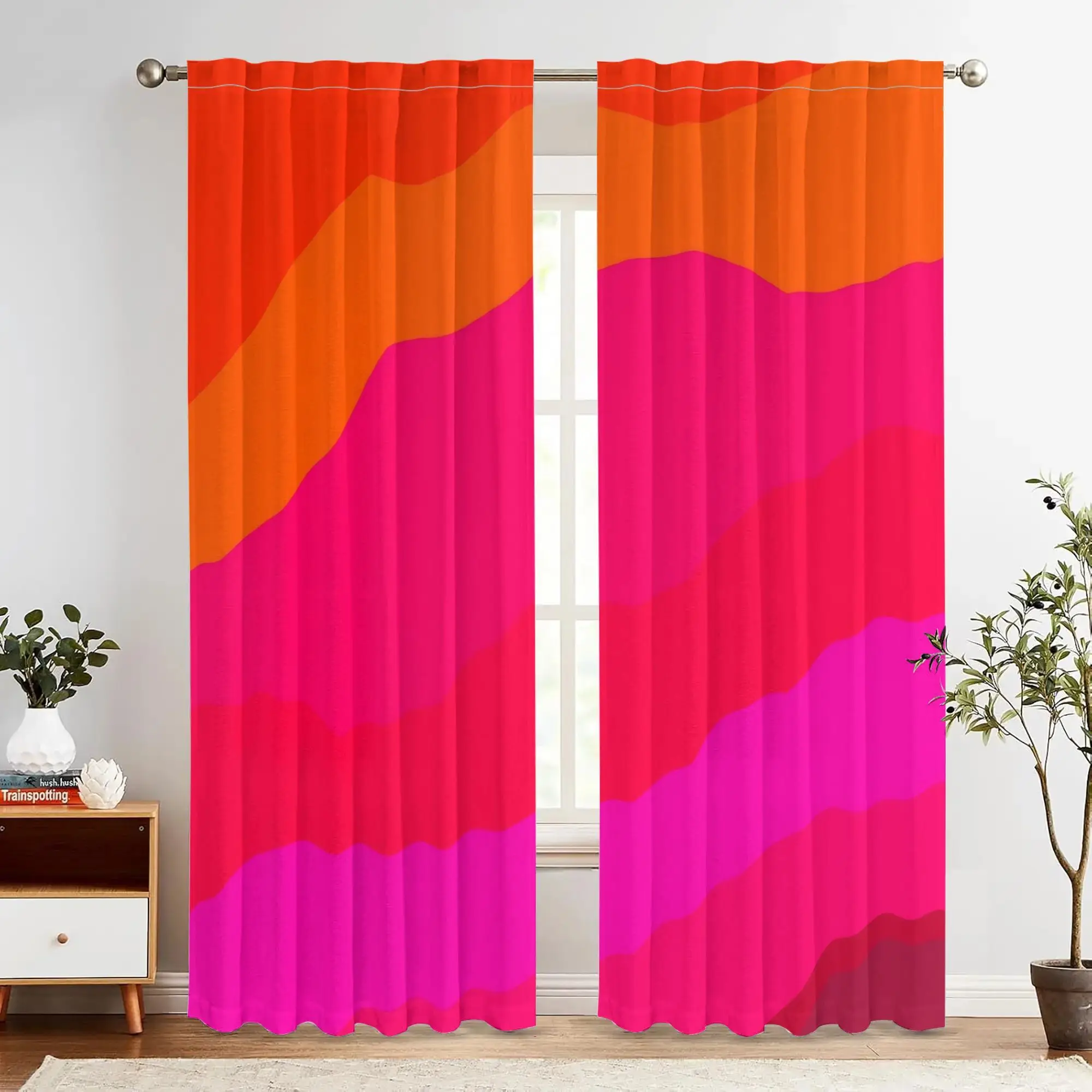 Decorative Abstract Striped Curtains 2pcs Pink Orange Geometric Drapes for Living Room Bedroom Window Decor Modern
