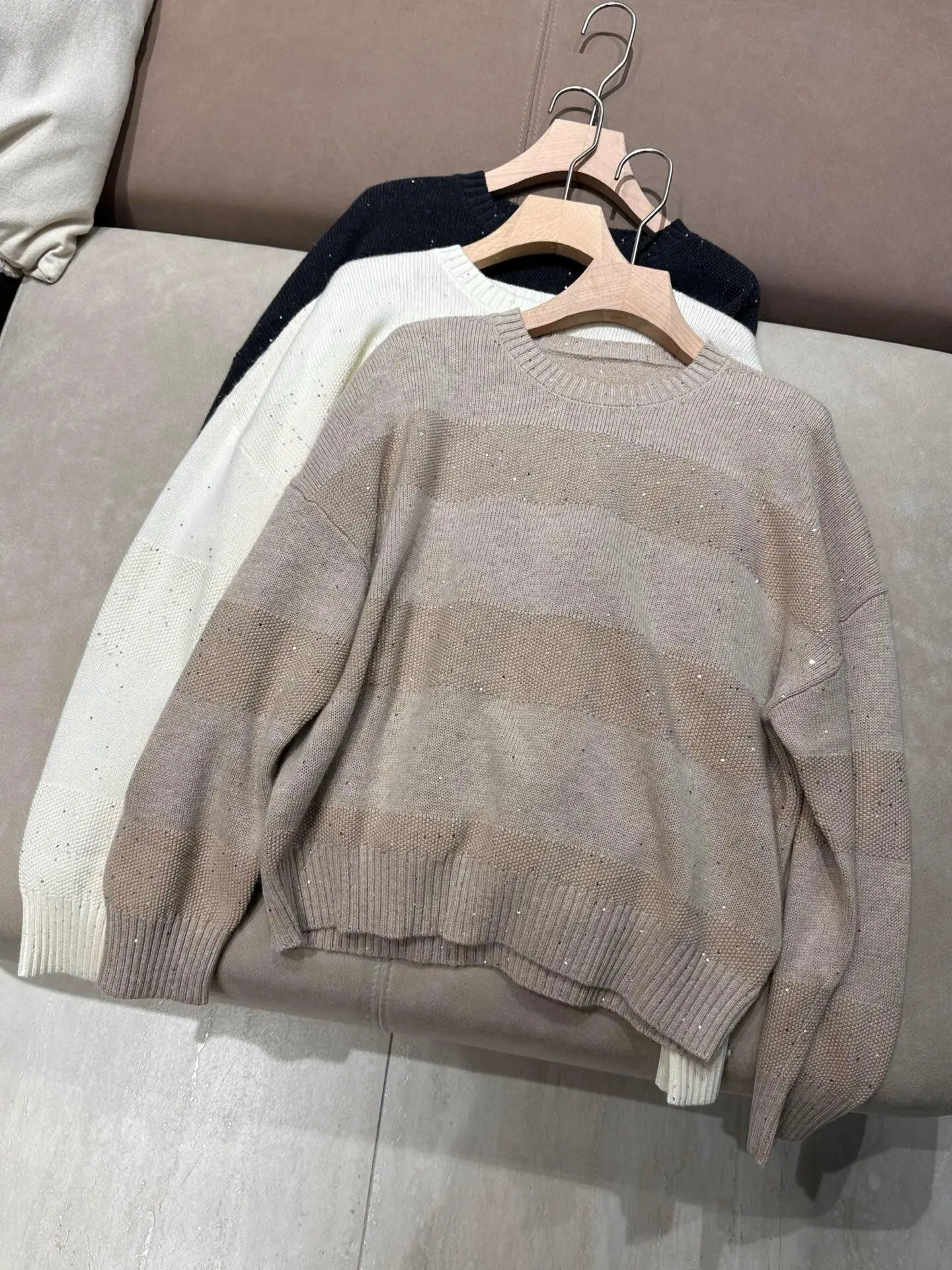 Light Luxury Wool Knitted Women Two Piece Set, Starry Sky Bead Striped Shoulder Sweater & Mid Length Skirt, Commuter Outfit
