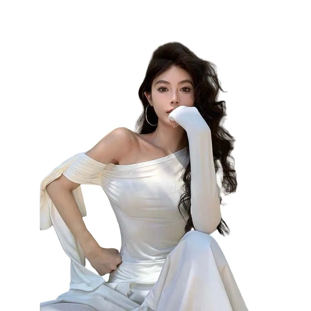 

Korean Style Sexy Slanted Shoulder Crop Tops Ribbon Tight-Fitting Off Shoulder Tops Long Sleeved Slimming Y2K T-shirts Women