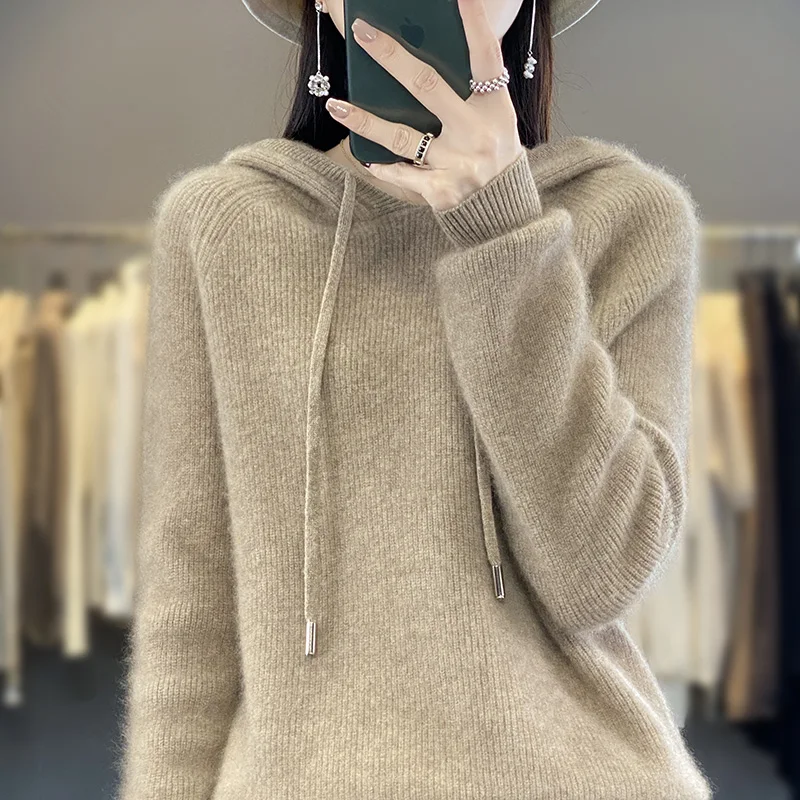 Classic Hoodie Women Knitwear Cashmere blend Pullover Fashion Wool Sweater Vertical stripe style Thick Warm Loose Basics Tops