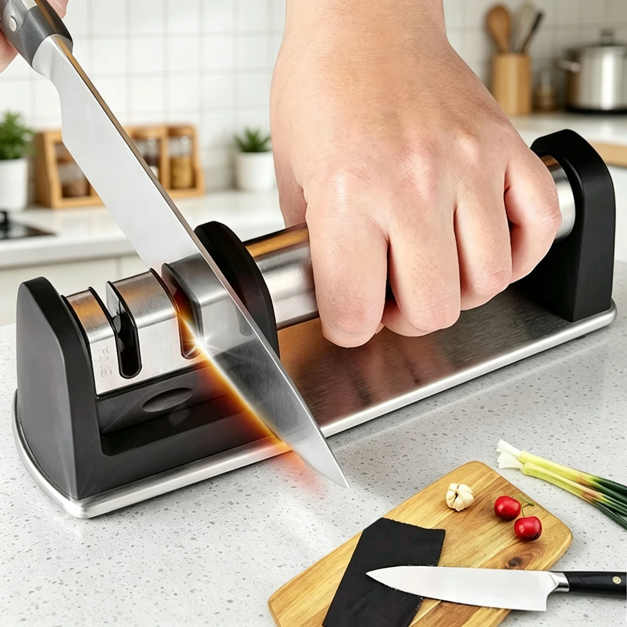Handmesser-Schärfer, Multifunktionsgerät mit 2 Schärfstufen, Schnellschärfwerkzeug mit rutschfester Basis, Küchenmesser-Zubehör-Gadget