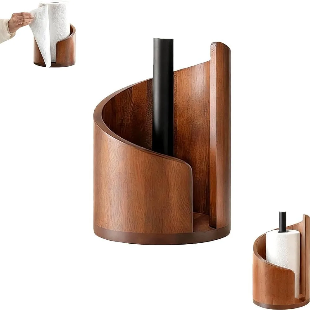 

Mountain Paper Towel Holder Natural Mango Wood Base with Iron Rod No Install Countertop Stand Kitchen Decor​