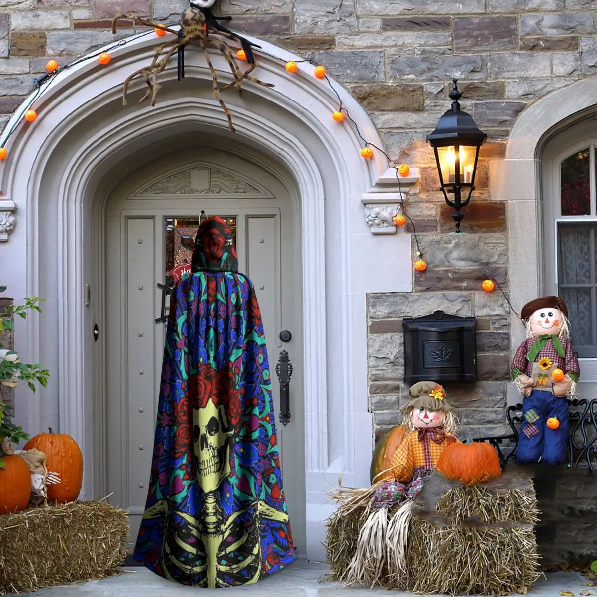 يوم ممتن من الموتى الورود الهيكل العظمي الجمجمة طويلة مقنعين عباءة الساحرة القرون الوسطى زي تأثيري كيب هالوين معطف الكبار للجنسين