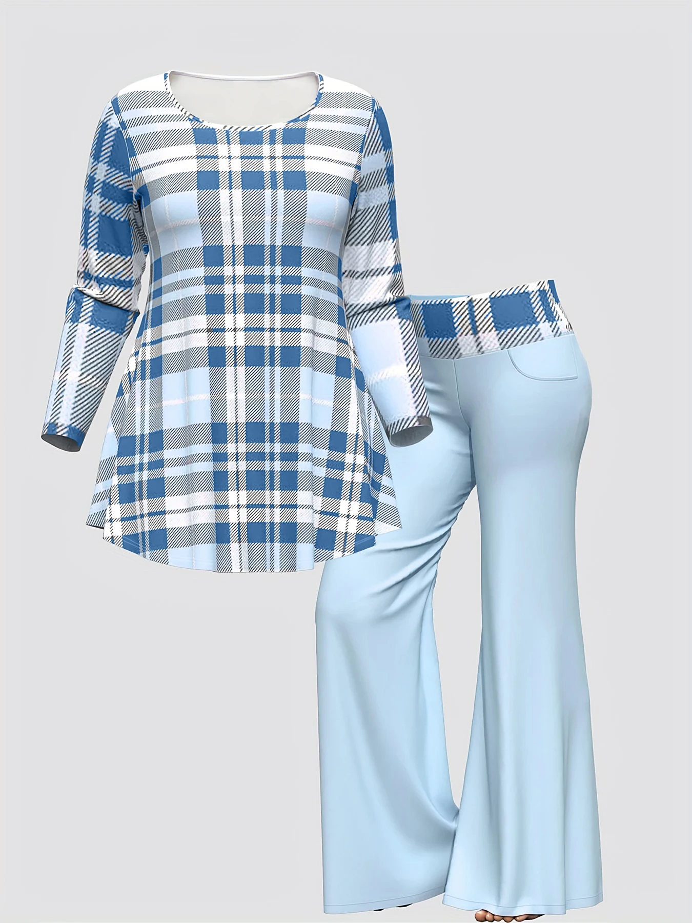 Conjunto de correspondência xadrez casual para mulheres, plus size, manga longa, gola redonda, calças largas, roupas de primavera, conjunto de 2