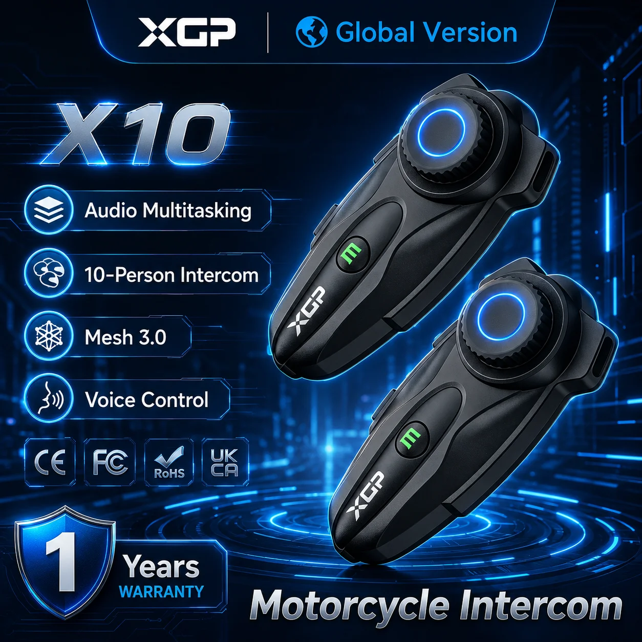 XPG X10 Bluetooth 5.3 Motorcycle Intercom Helmet Headsets IP67 Waterpoor Wireless Communication Interphone Handsfree 10 Riders