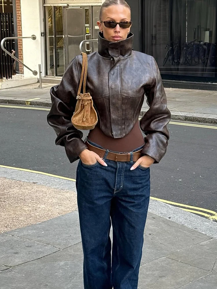 

Cutenew Wild Pu Irregular Crop Jacket Women Turtleneck Zip Button Full Sleeve Sexy Hottie Street Midnight Club Hipster Coat