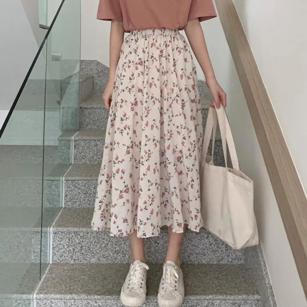 

Elastic Waist Floral Skirt Floral Print A-line Maxi Skirt Stylish Mid-rise Women's Summer Forest Style Long Skirt for Daily Wear