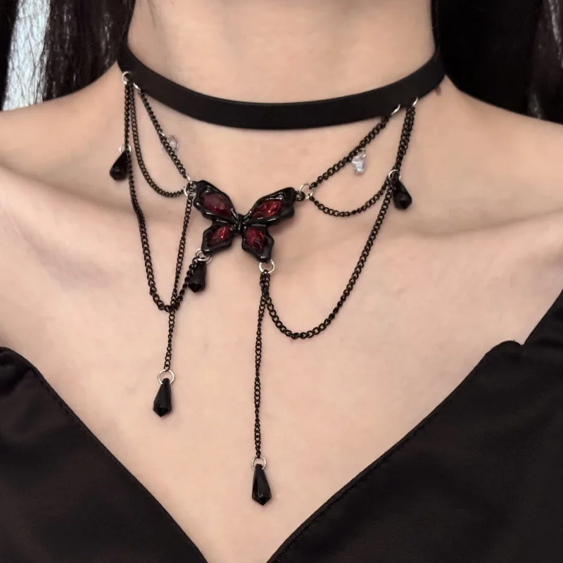 Vintage Temperament Emaille Blau Schwarz Schmetterling PU Choker Halskette Für Frauen Mädchen Beliebte Moderne Schmuck