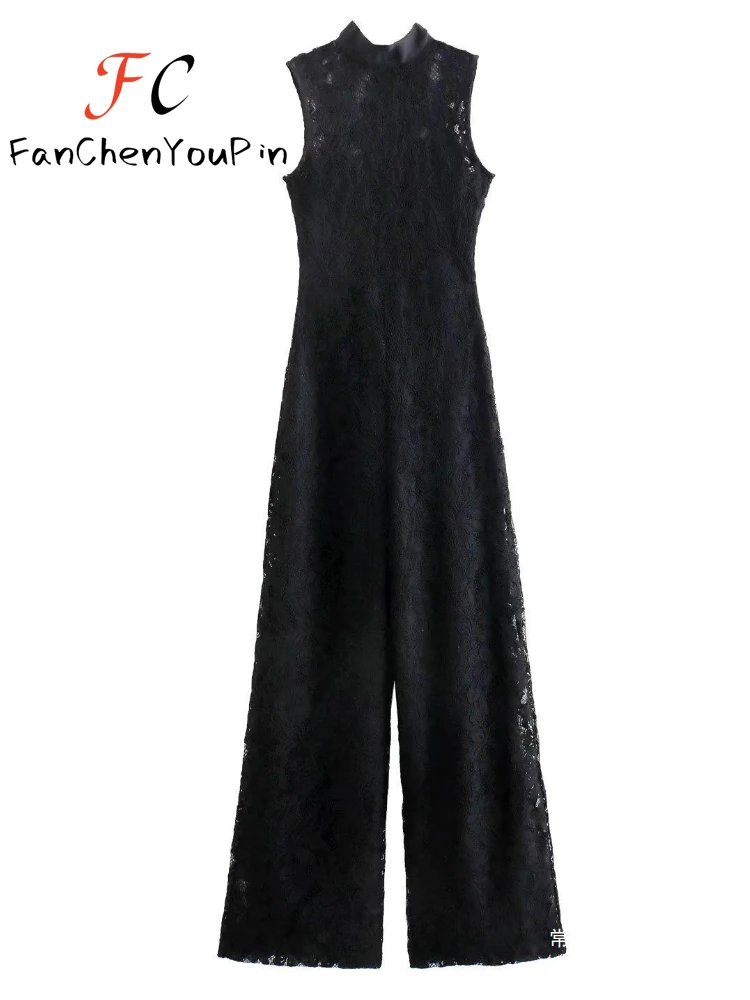 Lente Zomer Nieuwe Dames Jumpsuits Sexy Kanten Patchwork Mouwloze Top Mode Elegante Wijde Pijpen Vintage Dames Jumpsuits