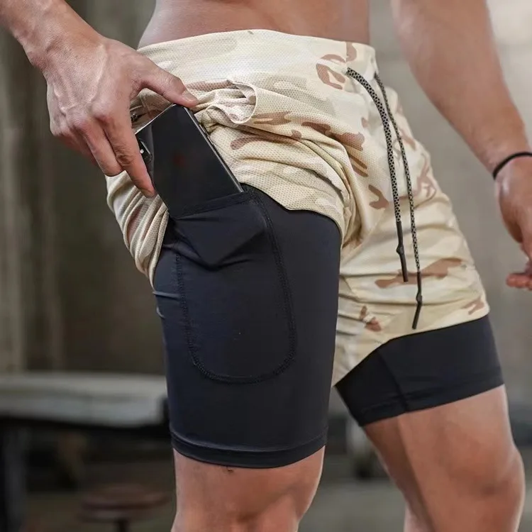 Men's Multi-Pocket Double-Layer Shorts Fitness Leisure Beach Sports Lined Tight Shorts Daily Mesh Camouflage Running Quick Dry