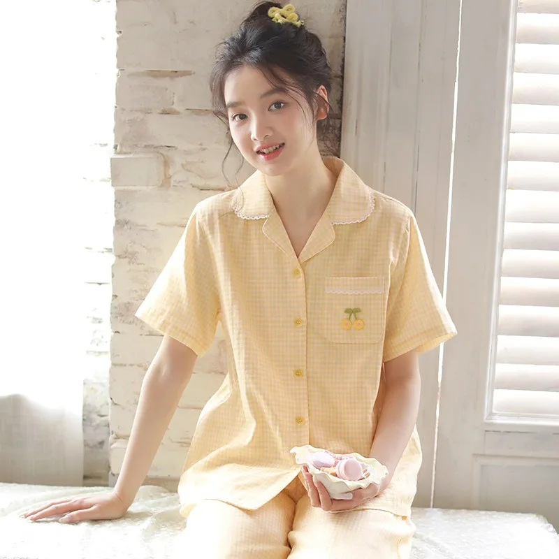 여름 캐주얼 순면 의상 루즈핏 반팔 가디건 작은 라펠 칼라 크롭 팬츠 2피스 세트 스위트 스타일