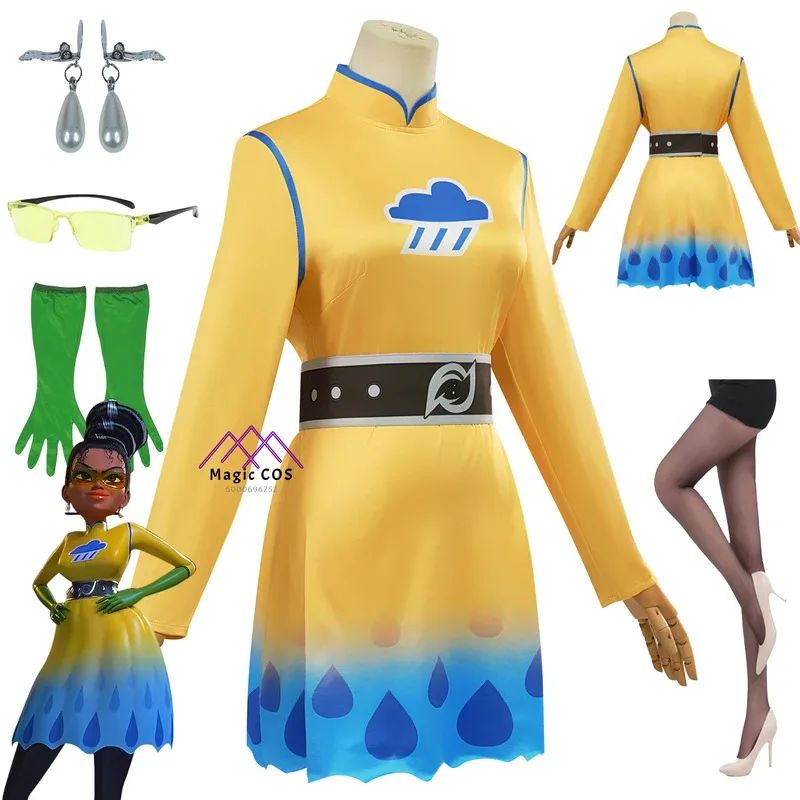 

New Megamind Miss Weather Cosplay Costume Uniforms with Glasses Sock Earrings Halloween Anime Party Role Play Outfit Comic Con