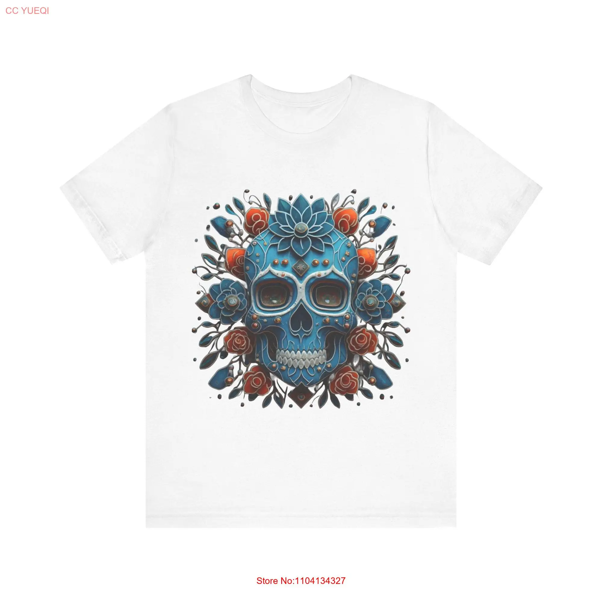 Sugar Skull T Shirt Dia de los Muertos Floral Unique Gothic Apparel Blue Calavera Design Bohemian Death