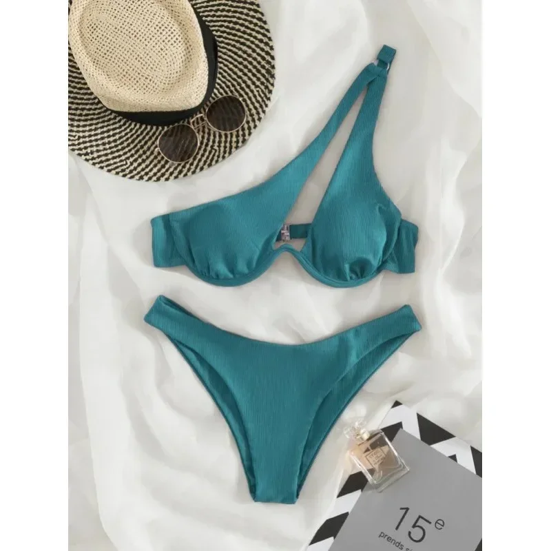 Bikinis de un hombro para mujer, bañador Sexy brasileño, ropa de playa unicolor, traje de baño 2024