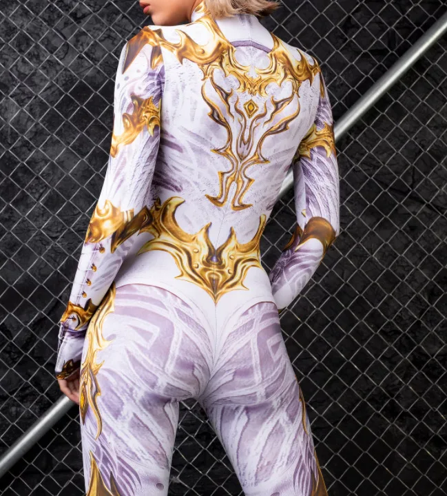 Damen Cosplay Totenkopf Steampunk Kostüm Elastische Bodysuits Cyberpunk Mechanische Goldene Rüstung Jumpsuit Halloween Party Romper – Detail 17