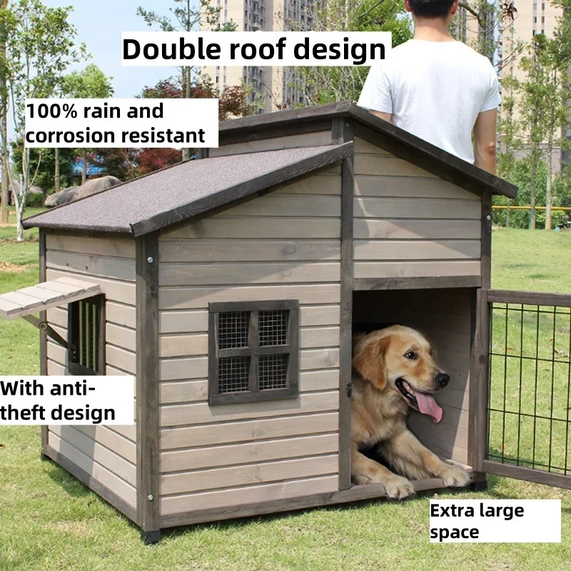 Perrera extraíble de fábrica para perros, casa de madera de lujo para perros, caja para mascotas al aire libre, cabaña de madera maciza a prueba de lluvia para perros, doble techo