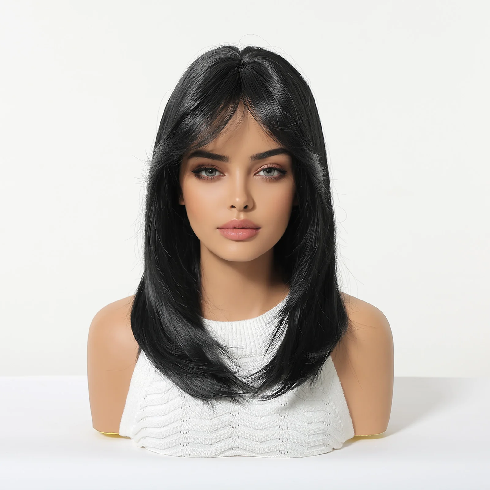 ALAN EATON Natural Black Synthetic Wig Medium Length Straight Wigs with Bang for Women Party Daily Use Heat Resistant Fiber
