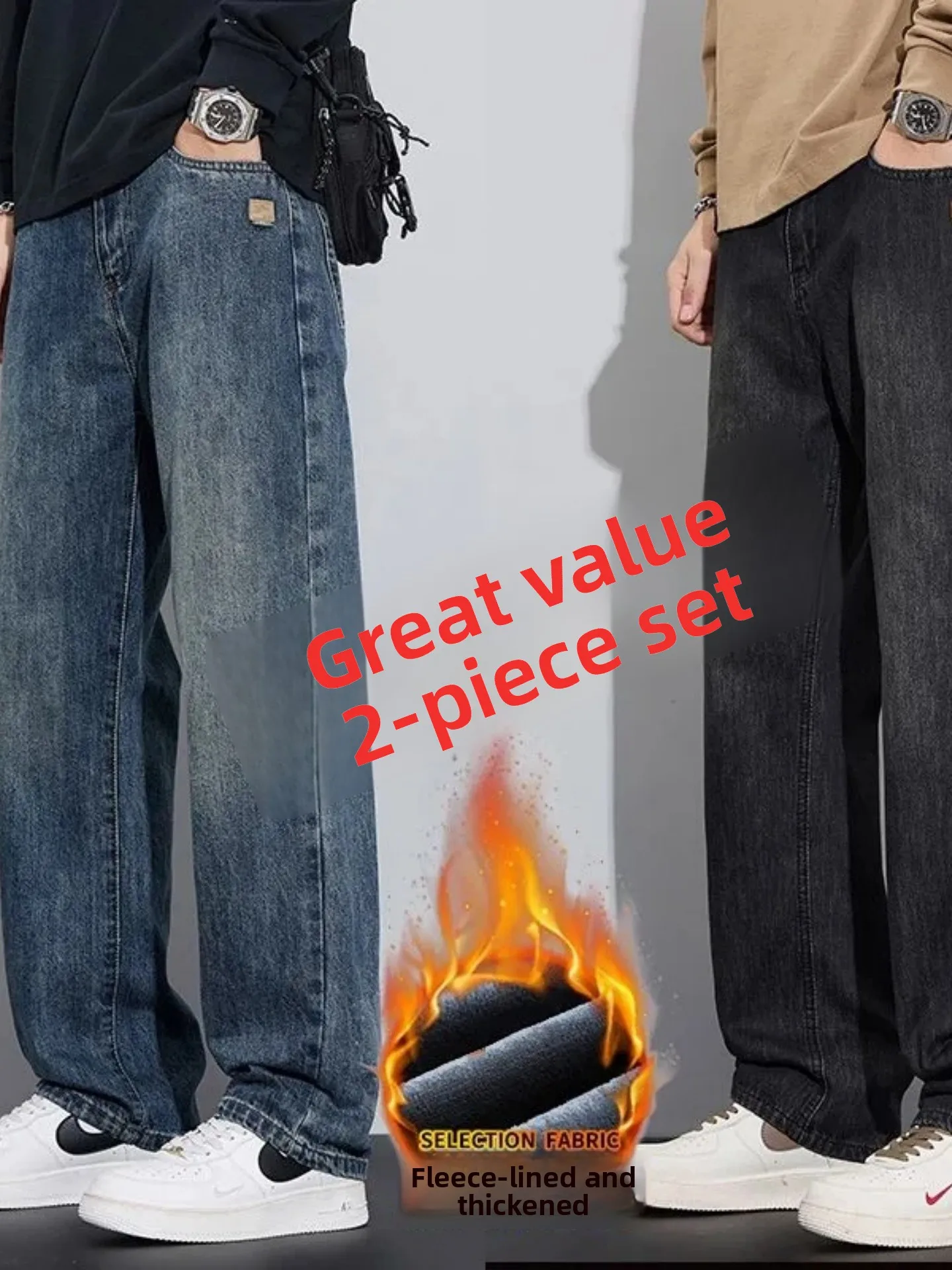 

Thiened Fce Lined Straight Leg Jeans Men's Casual Warm Retro Sle Cotton Stretch Denim Pants Loose Fit for Autumn Winter
