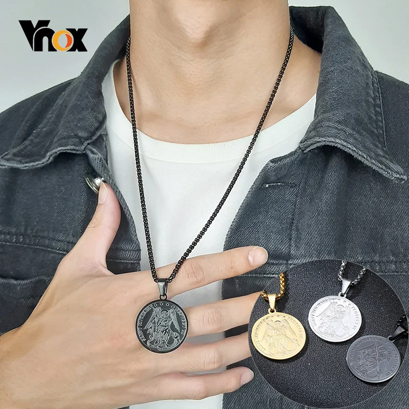 Vnox Retro Saint Michael Necklaces for Men Stainless Steel Commander one of the Chief Princes Pendants Male Jewelry