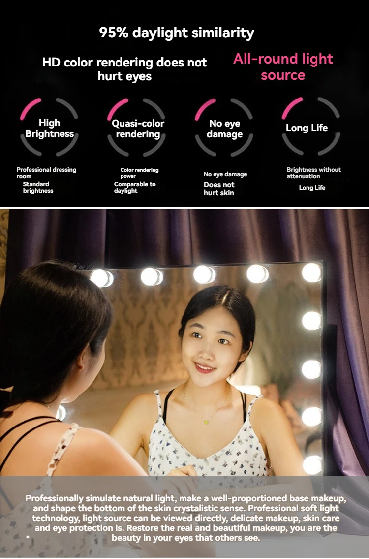 Desktop Single Mirror Led Makeup Mirror with Light HD Vanity Light Mirror Home Wedding Explosion Models Mirror Bathroom