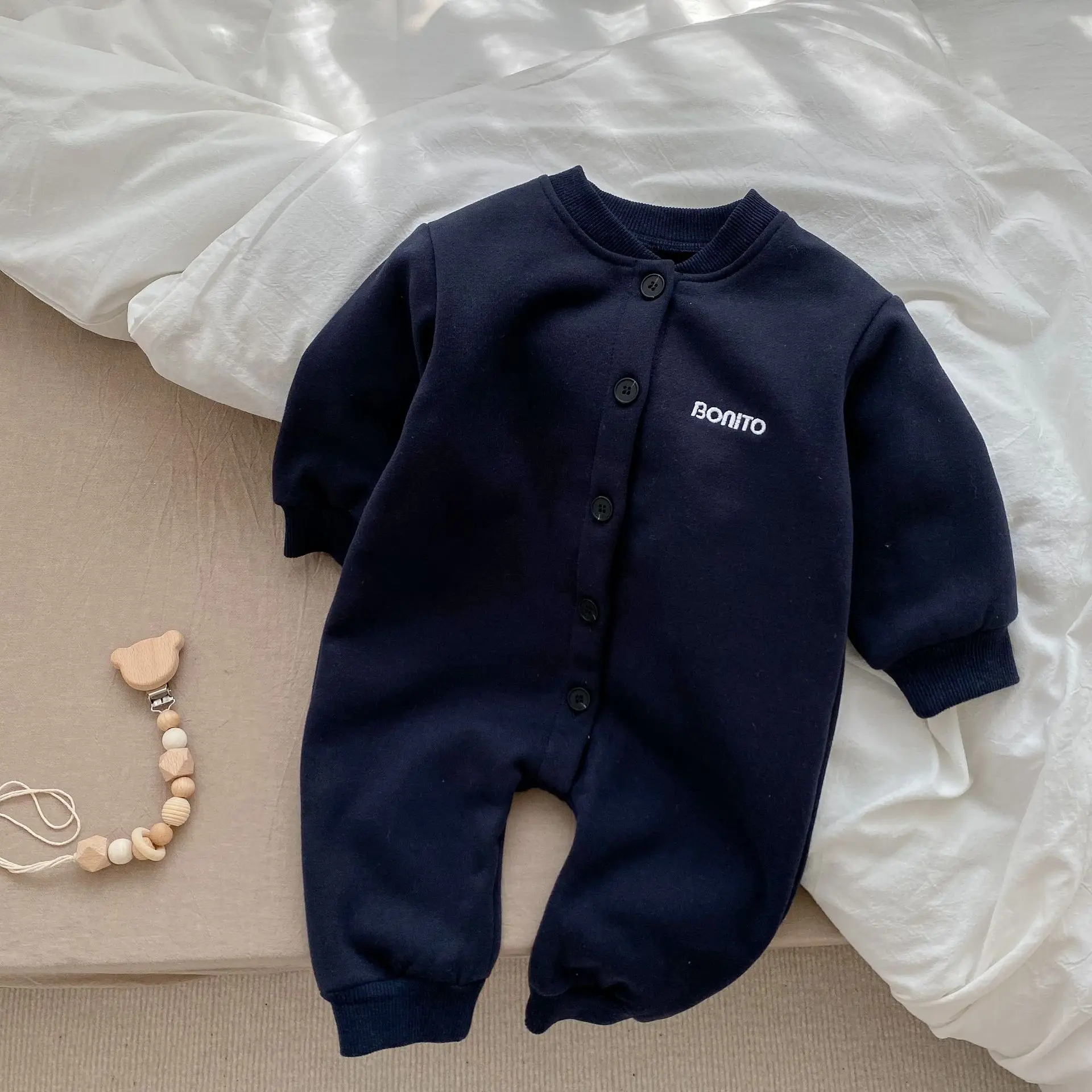0-36M Winter Baby Letter Embroidery Romper Long Sleeve Plus Velvet Thick Newborn Fleece Warm Jumpsuit Infant Boy Girl Clothes