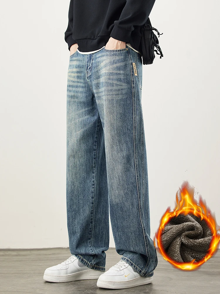 

Широкие теплые флисовые джинсы, мужские зимние толстые свободные прямые джинсовые брюки, модные корейские бархатные толстые винтажные повседневные брюки