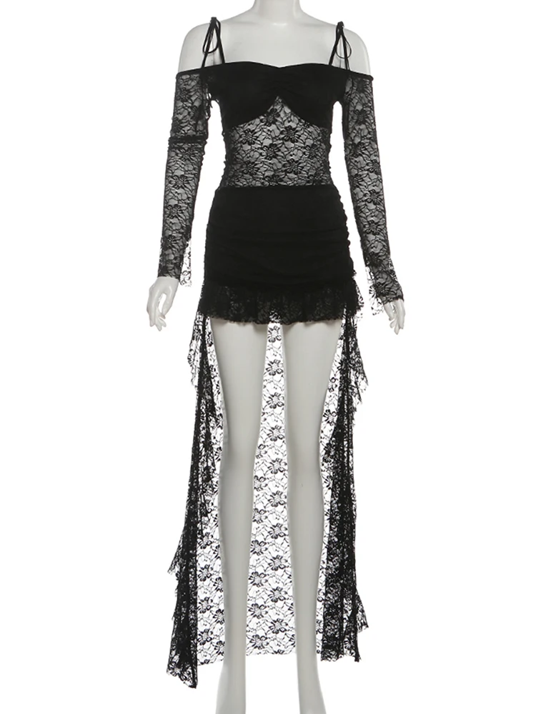 فستان Sisterlinda شفاف من قماش الجاكار للنساء مثير برقبة مائلة وأكمام طويلة وحاشية غير منتظمة مكشكشة للحفلات