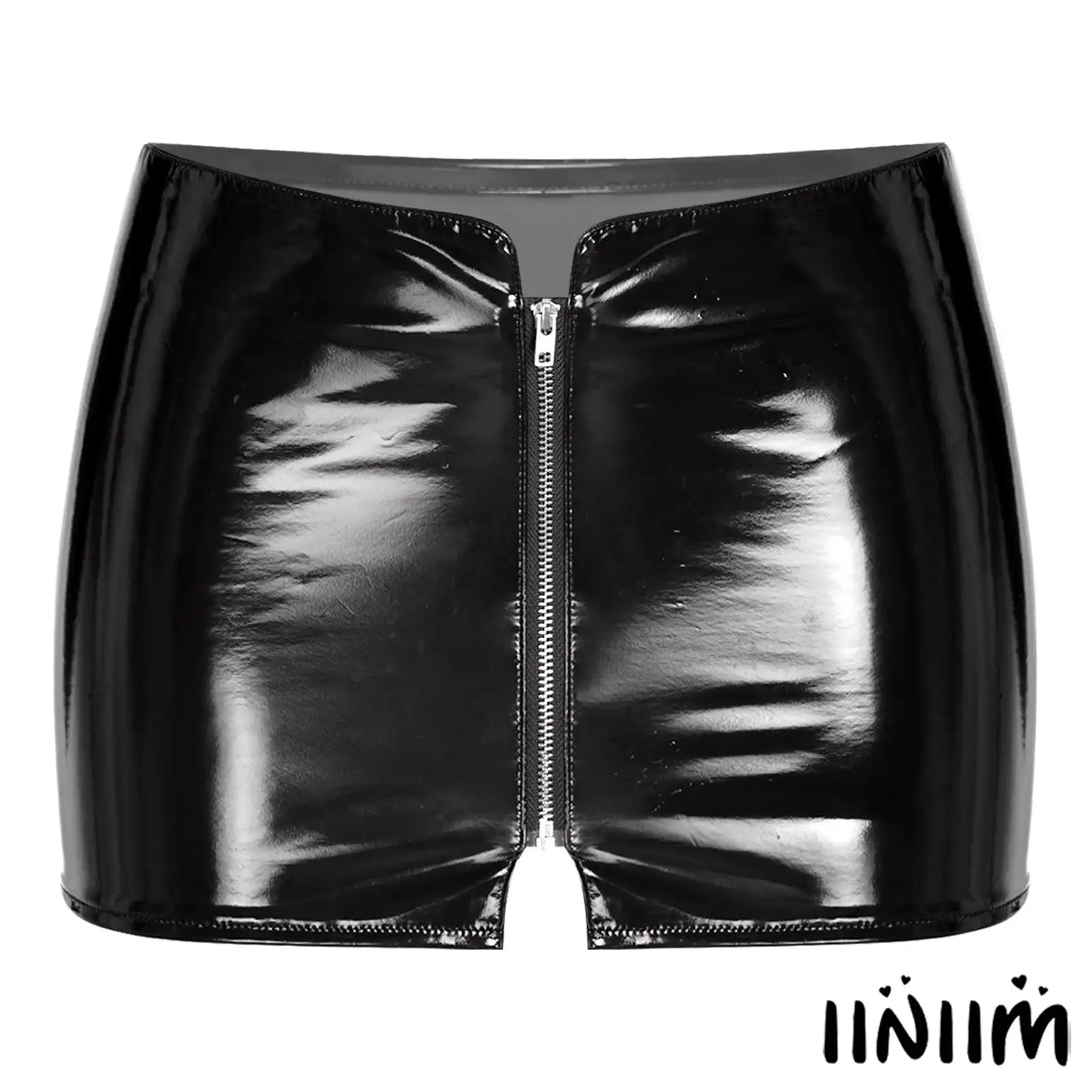 Womens Patent Leather Zipper Front Miniskirt Elegant Female Rave Party Pub Night Out Music Festival Disco Clubwear