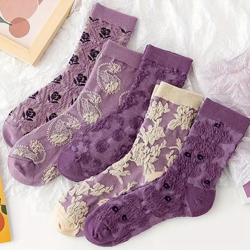 5 Pairs Women Japanese Retro Purple Floral 3D Embossed Trendy Versatile Patterned Mid-Calf Socks