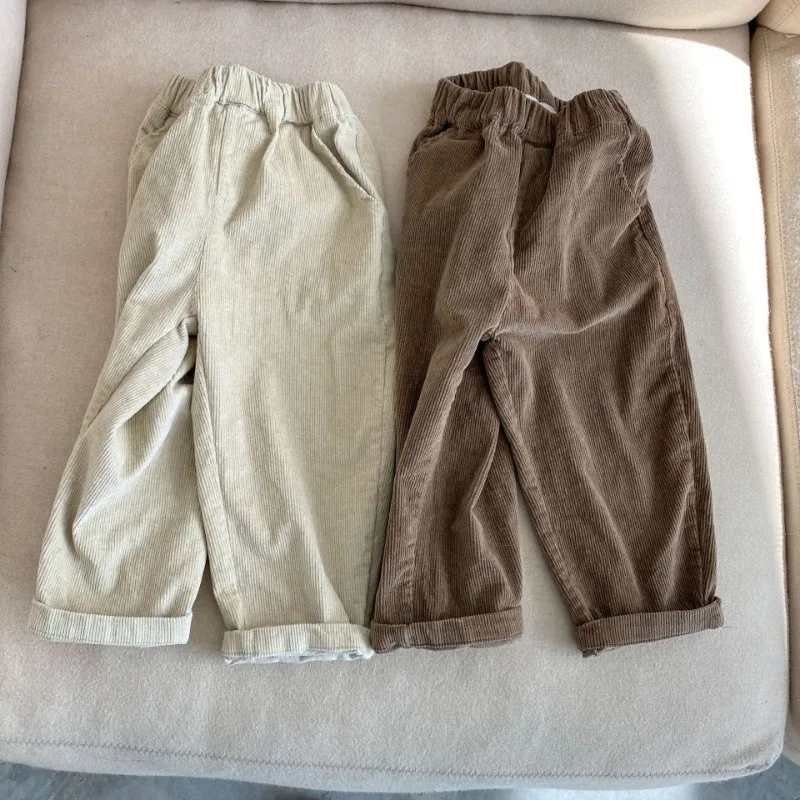 2024 Autumn New Kids pants solid color elasticity corduroy casual pants for boys and girls loose all-match Trousers