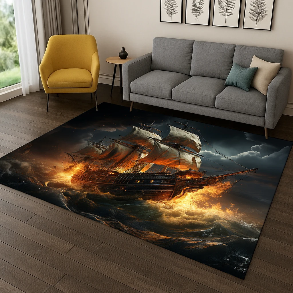 3D Dreamy Pirate Ship Sailboat Cartoon Carpet Rug for Bedroom Living Room Sofa Doormat Decor,Kid Game Area Rug Non-slip Mat Gift