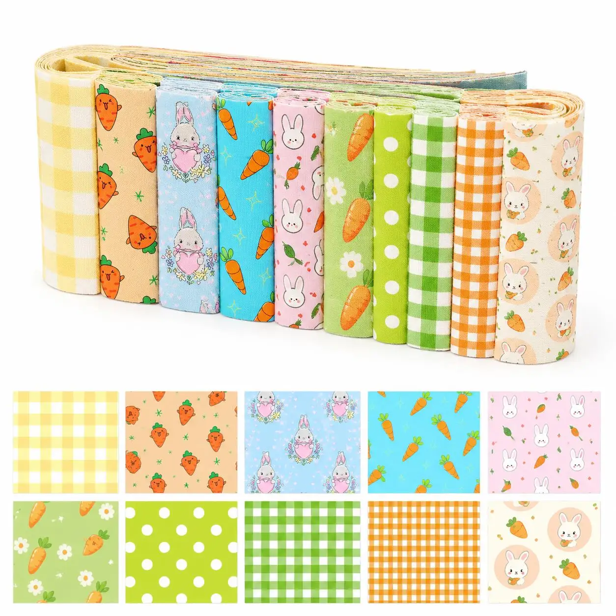 10pcs carrot Rabbit Bunny Jelly Roll Fabric Strips 2.5X19.7inch Pre-cut Polyester for Patchwork Quilts, Table Runners, Placemats