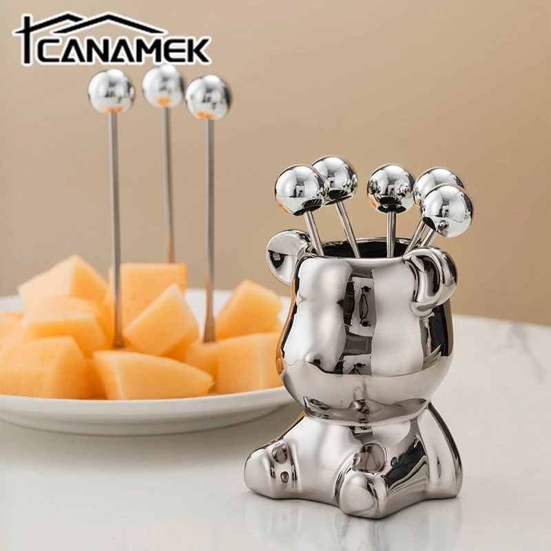 

6pcs Stainless Steel Dessert Forks With Storage Jar Cute Bear Utensils For Party Tasting Dessert Fruit Pickle Fruit Salad