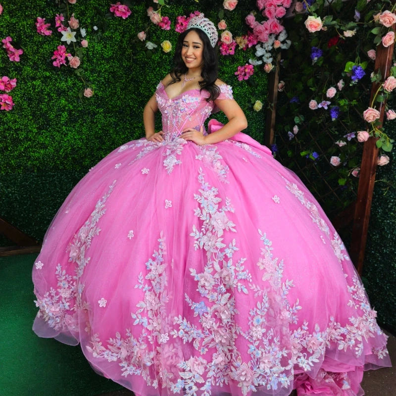 

Pink Shiny Quinceanera Dresses Off The Shoulder Applique Lace Beading Bow Tull Corset Party Birthday Sweet 16 Dress Vestidos 15